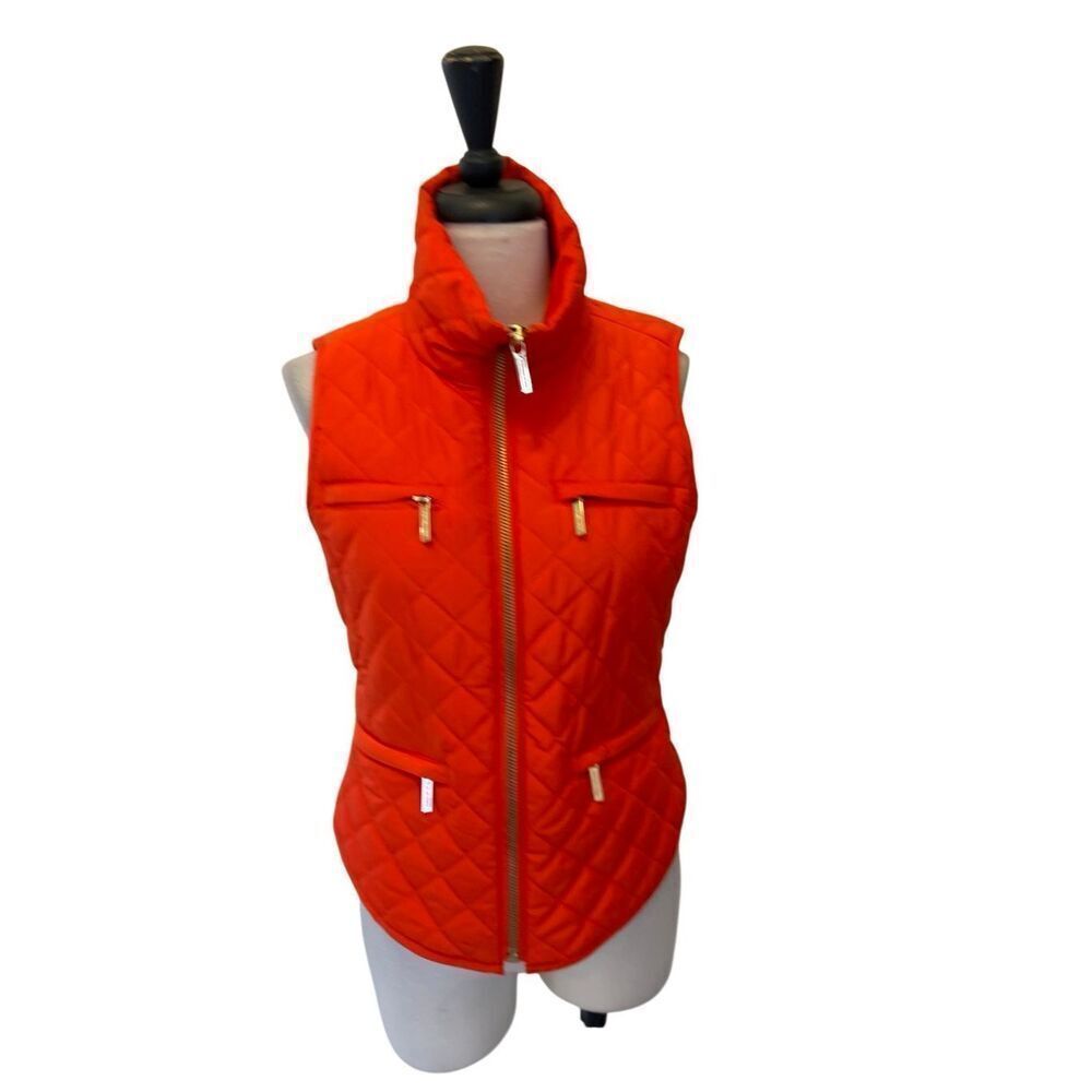 Michael Kors Women's Front Zip Sleeveless Quilted Puffer Vest Orange Small